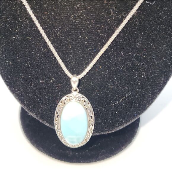 Sterling Silver Necklace With Larimar Q8" Long And Pendant Measures 1.71" - Picture 3 of 5